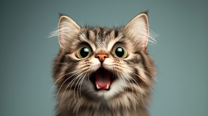 A close-up of a surprised cat with large, expressive eyes and a joyful expression against a soft background.
