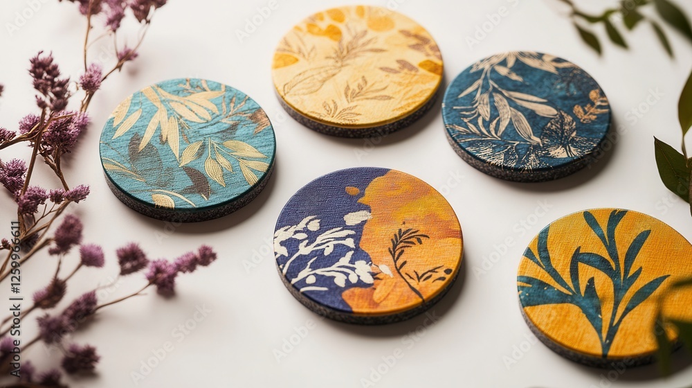 Aufkleber textured paper mock-up showcasing a set of coasters featuring unique custom designs, ideal for brand