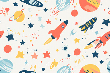 Colorful pattern with planets, rockets and stars in space style for children's rooms, patterns