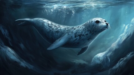 Fototapeta premium A leopard seal swimming gracefully beneath an ice shelf.