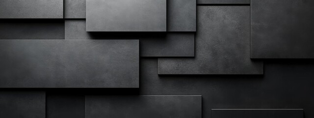 Minimalist black background with bold geometric shapes and lines. Banner template with white space in the center for text. Ideal for modern designs, posters, and digital backgrounds.