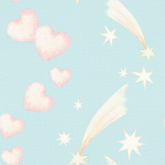 Pink heart with star and comet seamless pattern in cartoon style. Hand drawn watercolor illustration on a blue background. Perfect for pajama party template and childish paper or fabric designs.