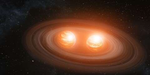 Binary star system surrounded by a swirling gas disk