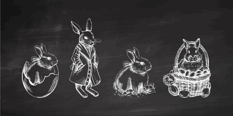 Chalkboard vintage hand drawn Easter bunnies set with basket and eggs