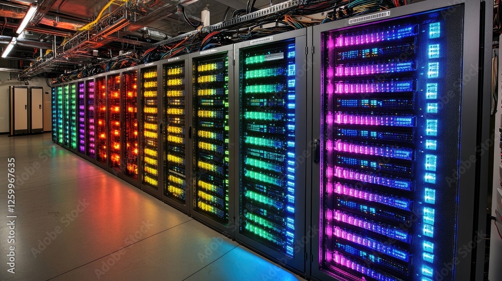 Poster a high-tech server room with illuminated network cables and data flow visualizations.