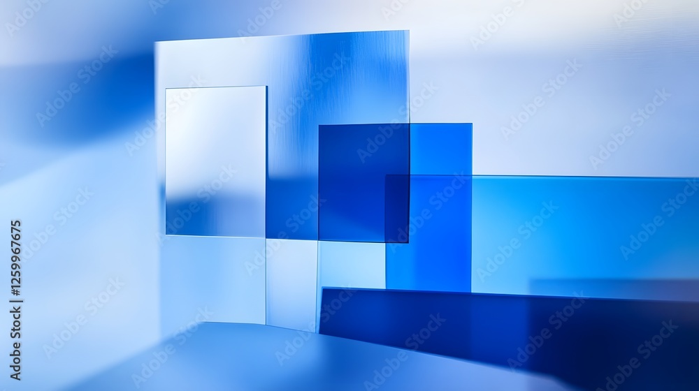 Poster overlapping geometric shapes creating an abstract blue toned composition