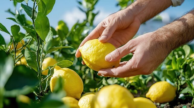 lemon hand picking organic harvest. Lemon harvest with hands gently picking ripe fruit from a tree.