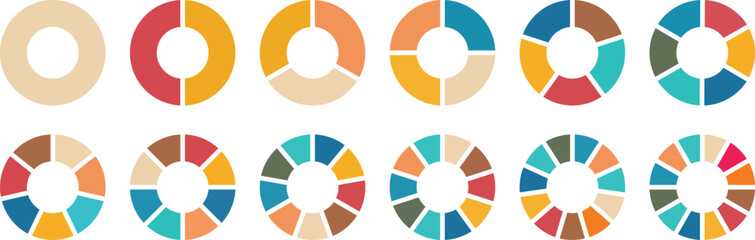 Pie chart color icons. Segment slice sign. Circle section graph. Different color circles isolated. 1,2,3,4,5,6,7,8,9,10,11,12 segment infographic. Infographic element round shape. Vector illustration