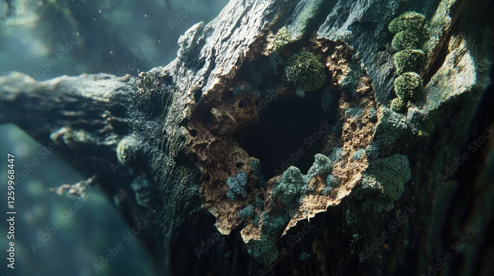 Poster a massive tree trunk split open by time, revealing intricate textures and moss growth.