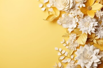 Obraz premium A stunning and beautiful white and yellow flower frame arranged on a light pastel yellow background.