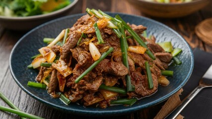 Mongolian Beef: Tender beef stir-fried with green onions in a savory and slightly sweet sauce. A flavorful, hearty dish