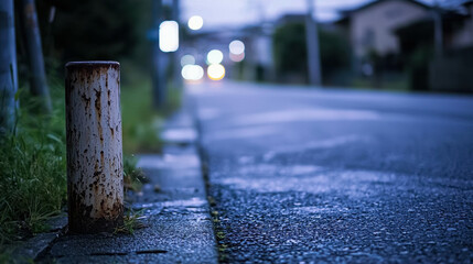 Quiet Street Scene with Rusty Poll and Blurred Lights in the Background at Dusk