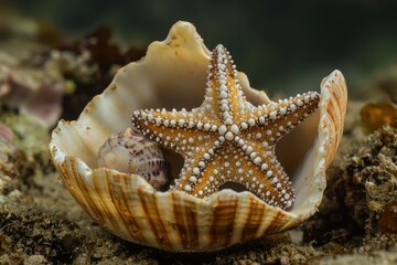 A picturesque underwater scene featuring a colorful starfish resting inside a seashell among coral; a vibrant portrayal of marine life.