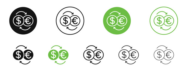 Money exchange icons in black and green colors collection