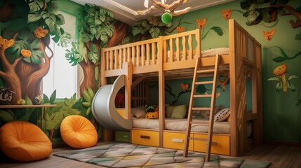 Kids Room Ideas | Playful Themed Bunk Beds for a Fun Space a?" A vibrant kids' room with a jungle-themed bunk bed, climbing wall, and soft carpet flooring for a playful and adventurous atmosphere.