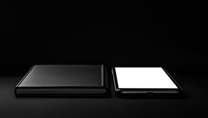 Black notebook and smartphone with blank screen on dark background.