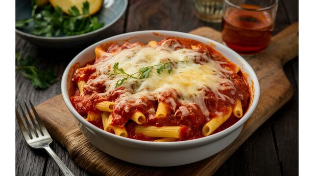 Turkey Ziti: Baked turkey ziti with tender pasta and a rich tomato sauce, topped with melted cheese,