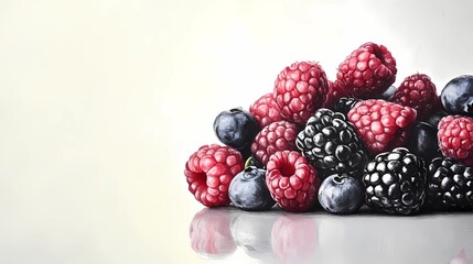 Fresh assorted berries illustration, ideal for food-related designs, highlighting a variety of berries in an artistic, appealing way. Book illustration style.