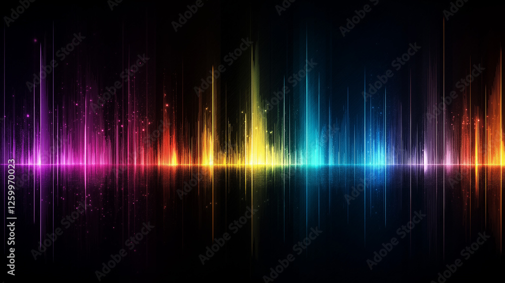 Poster rainbow soundwave: abstract vibrant soundwave visualization, featuring a spectrum of colors, creatin