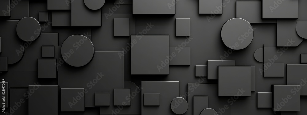 Poster minimalist black background with circles and squares for design. banner template with white center t