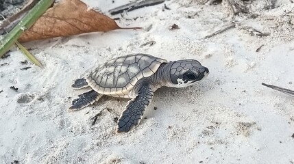 Obraz premium A tiny baby sea turtle making its way to the ocean.