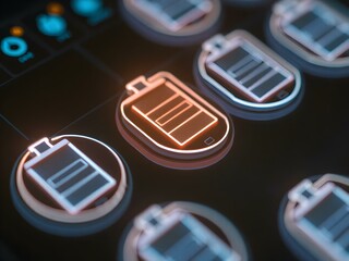 Network Energy: A close-up, stylized digital rendering showcases a network of interconnected batteries, one glowing brightly, symbolizing power, connection, and efficiency. 