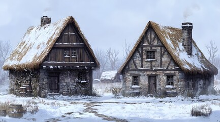 Contrasting Peasant and Noble Dwellings in Snowy Countryside Landscape