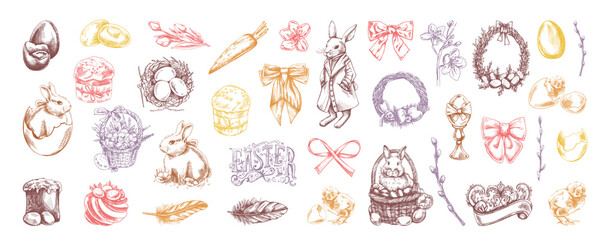 Hand drawn vintage Easter set with rabbits eggs bows floral elements and festive decorations in pastel colors