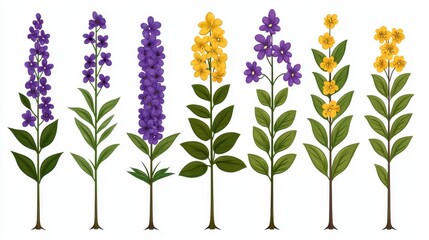 Fototapeta premium Hand-drawn series of colorful flowers including purple and yellow varieties arranged in vertical aesthetic display