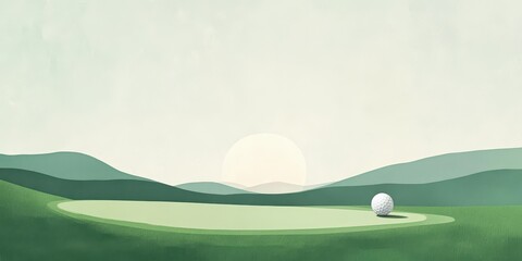 Golf ball rests on the green course with hills background