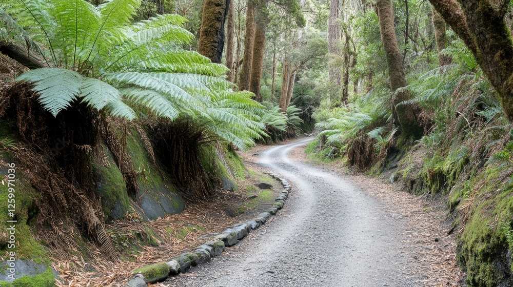 Poster a mystical rainforest path leading deeper into the jungle, flanked by towering trees and ferns.