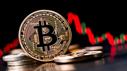 Bitcoin Coin with Decreasing Cryptocurrency Stock Chart