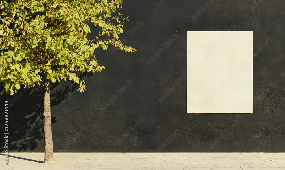 Poster a minimalist view of nature: a single tree against a black wall with an empty canvas, representing h