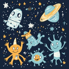 Whimsical and cute monster characters in outer space illustration