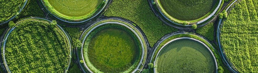 An aerial view showcasing circular agricultural fields, exhibiting vibrant green hues and unique patterns, highlighting sustainable farming practices.