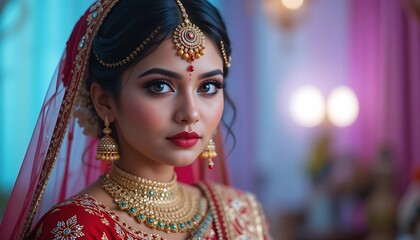 Stunning Indian Bride in Red and Gold Wedding Attire with Intricate Jewelry