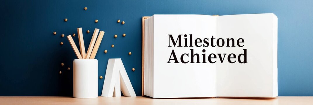 successful goal achievement milestone concept. Milestone achieved displayed in a modern workspace with stationery.