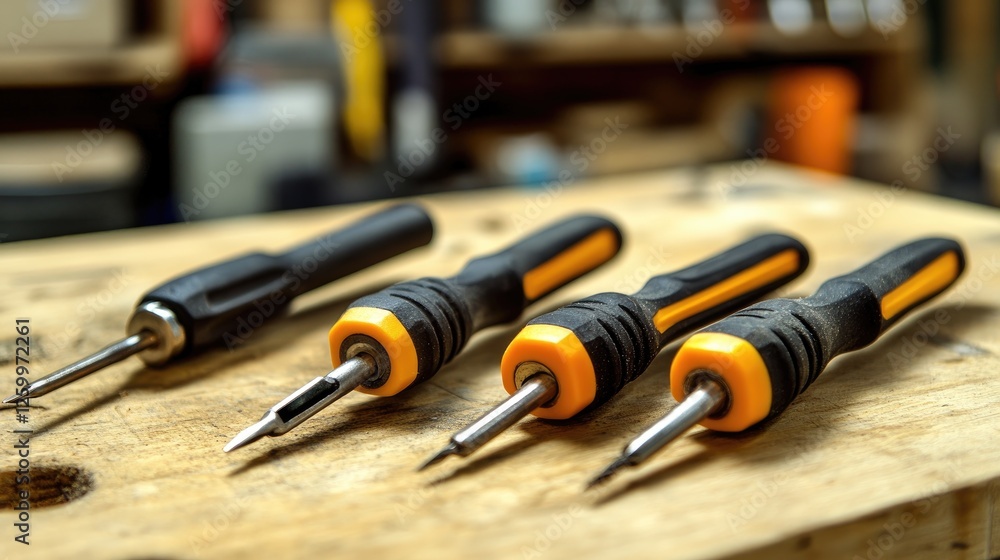 Poster a set of neatly arranged screwdrivers with different tip sizes on a workbench.