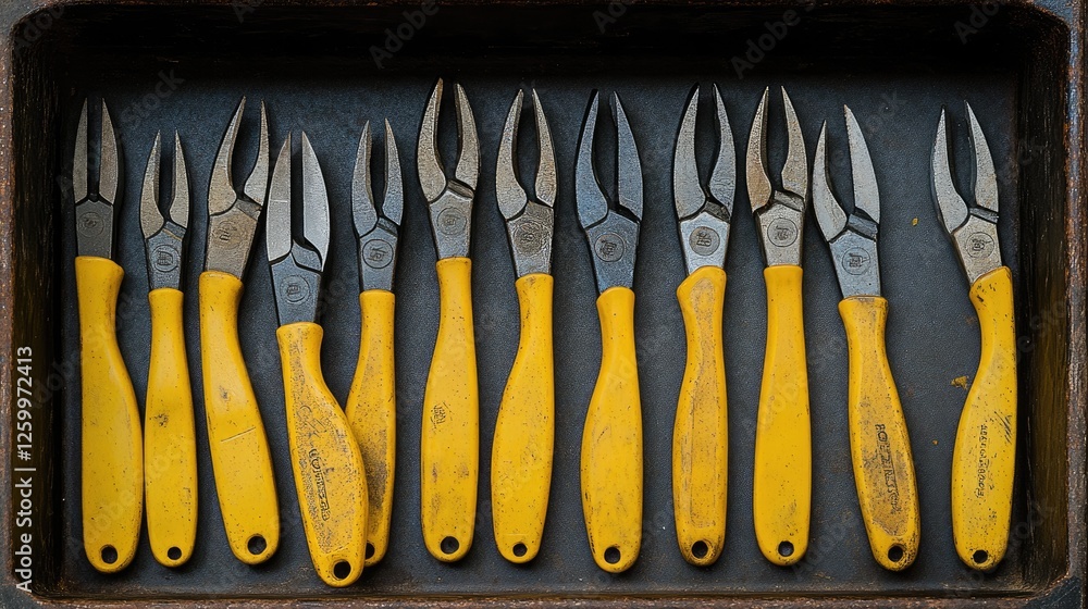 Aufkleber a set of precision pliers with rubberized grips arranged in a toolbox.