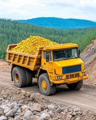 Obraz premium Heavy-duty yellow dump truck loaded with construction materials navigating rugged terrain in mountainous landscape
