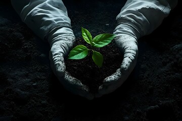 A pair of hands in gloves holding a small plant in dark, rich soil, symbolizing care for the environment and growth. Concept Environmental Stewardship, Care for Nature, Symbol of Growth