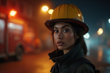 40 years old Malagasy female firefighter looking at camera against blurred firestation background.