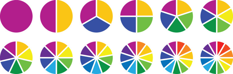 Pie chart set. Different color circles. Pie chart divided 1, 2, 3, 4, 5, 6, 7, 8, 9, 10, 11, 12 equal parts. donut and pie chart infographic elements. Colorful diagram graphs. Circle section graph. © Pie chart's master✌️