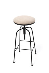 A simple beige upholstered stool with a black metal frame, featuring adjustable height.