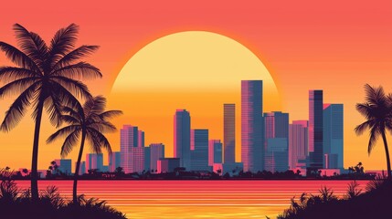 Sunset cityscape miami digital art vibrant environment panoramic view modern concept