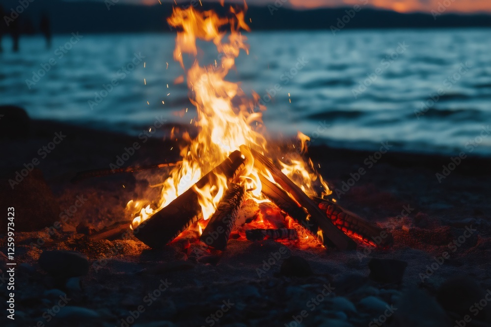 Poster logs burning in a bonfire on a beach at twilight, creating a warm and inviting atmosphere