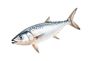 Fresh mackerel fish with detailed scales and fins isolated on white transparent background. Concept of seafood and marine life