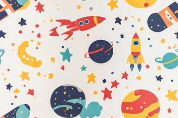 Colorful pattern with planets, rockets and stars in space style for children's rooms, patterns