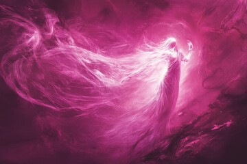 Obraz premium Ethereal being enveloped in pink light stands amidst nebula