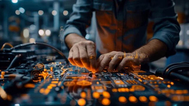 A technician adjusts a circuit board with glowing components.